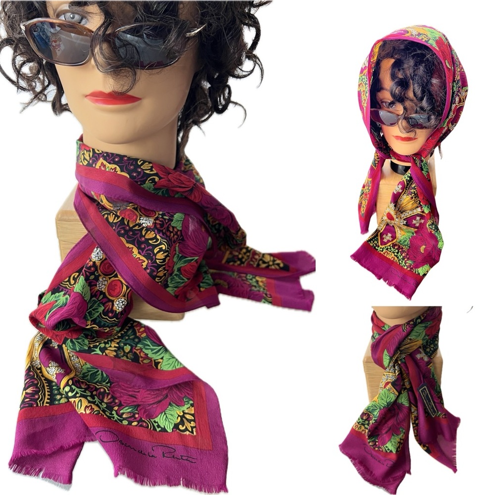 🌺Vibrant Sheer Silk Pink Floral Scarf by Oscar de la Renta | 51”x10.5” - Picture 7 of 17